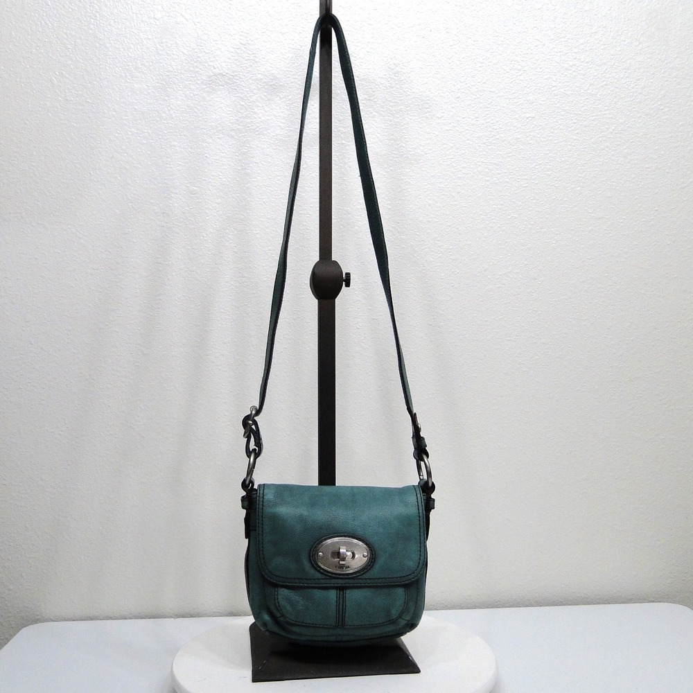 Fossil‎ Long Live Vintage 1954 Teal Leather Crossbody Bag Turnlock Small